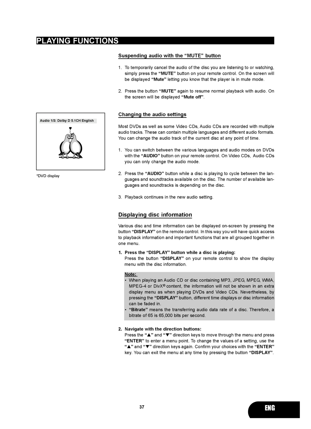 Kodak 4620 user manual Displaying disc information, Suspending audio with the Mute button, Changing the audio settings 