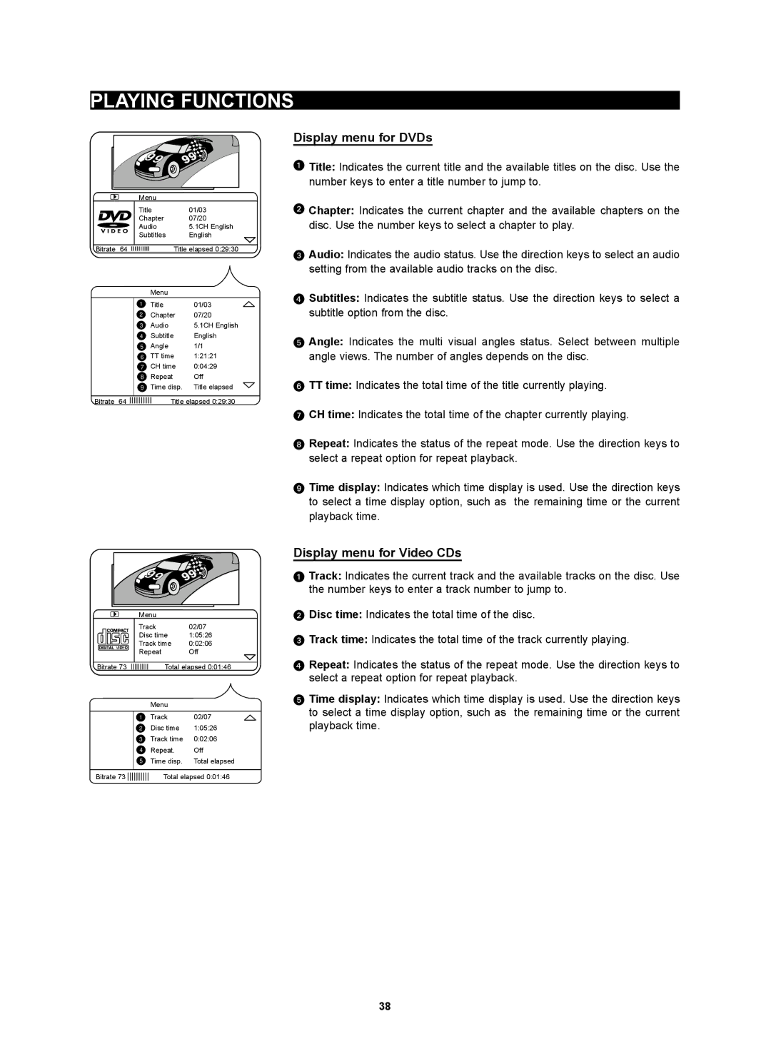 Kodak 4620 user manual Display menu for DVDs, Display menu for Video CDs 