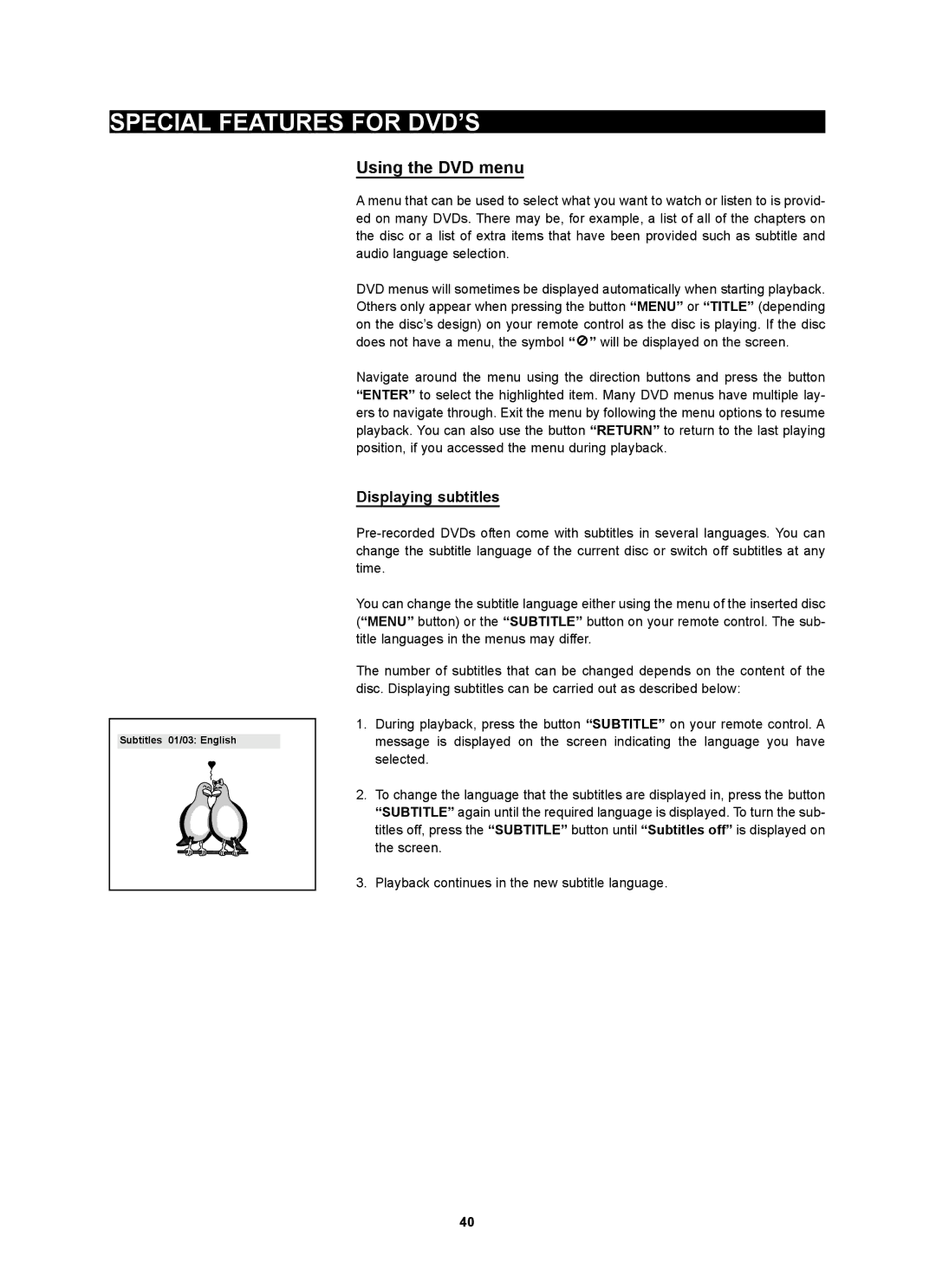 Kodak 4620 user manual Special Features for DVD’S, Using the DVD menu, Displaying subtitles 