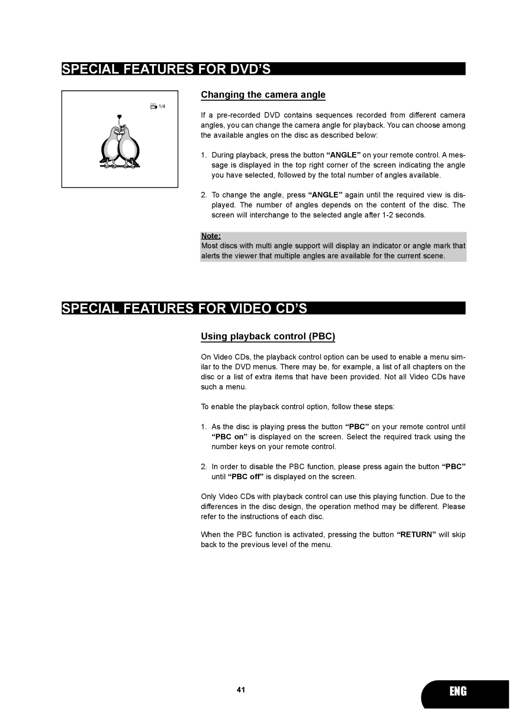 Kodak 4620 user manual Special Features for Video CD’S, Changing the camera angle, Using playback control PBC 