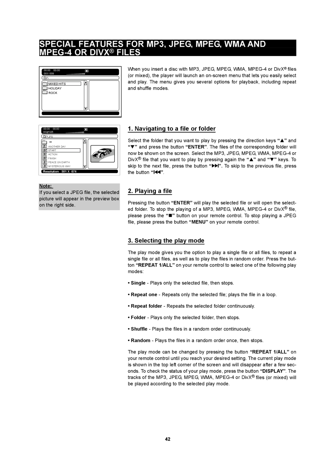 Kodak 4620 user manual Navigating to a file or folder, Playing a file, Selecting the play mode 