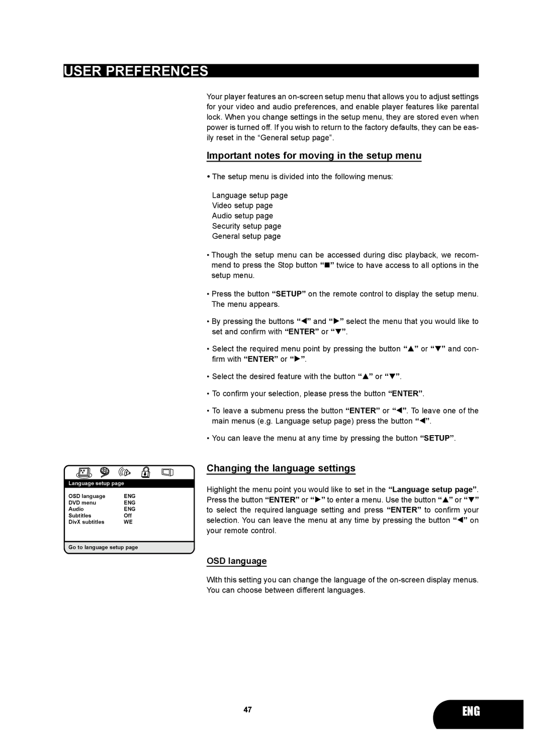 Kodak 4620 User Preferences, Important notes for moving in the setup menu, Changing the language settings, OSD language 