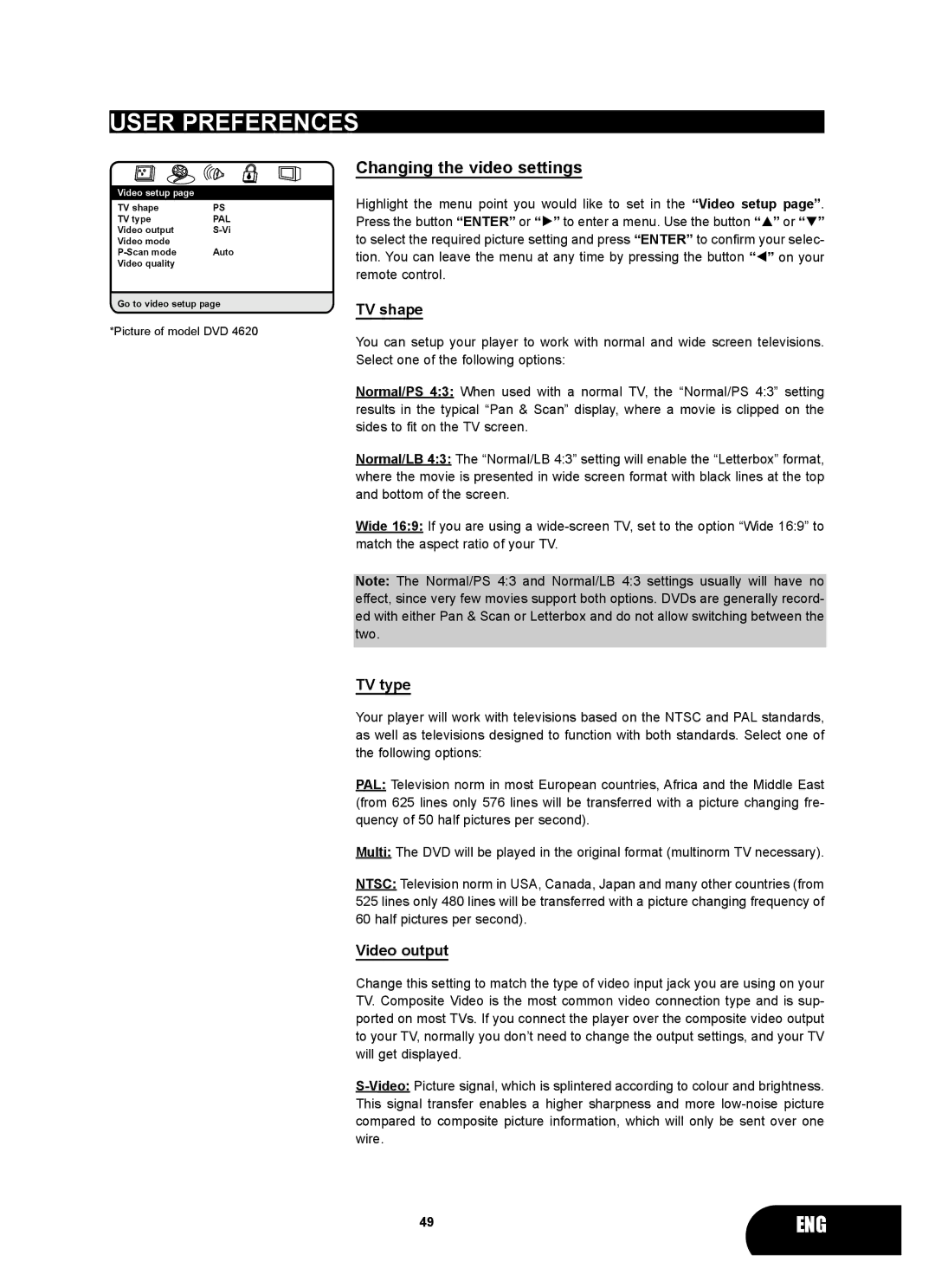 Kodak 4620 user manual Changing the video settings, TV shape, TV type, Video output 