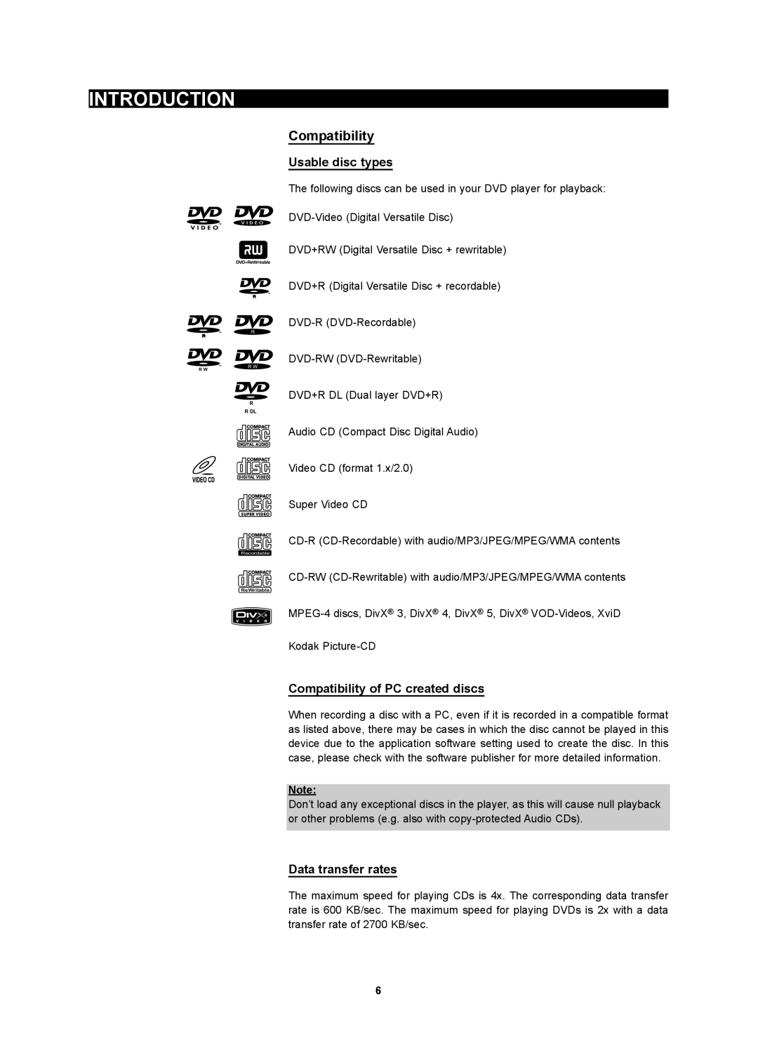 Kodak 4620 user manual Usable disc types, Compatibility of PC created discs, Data transfer rates 