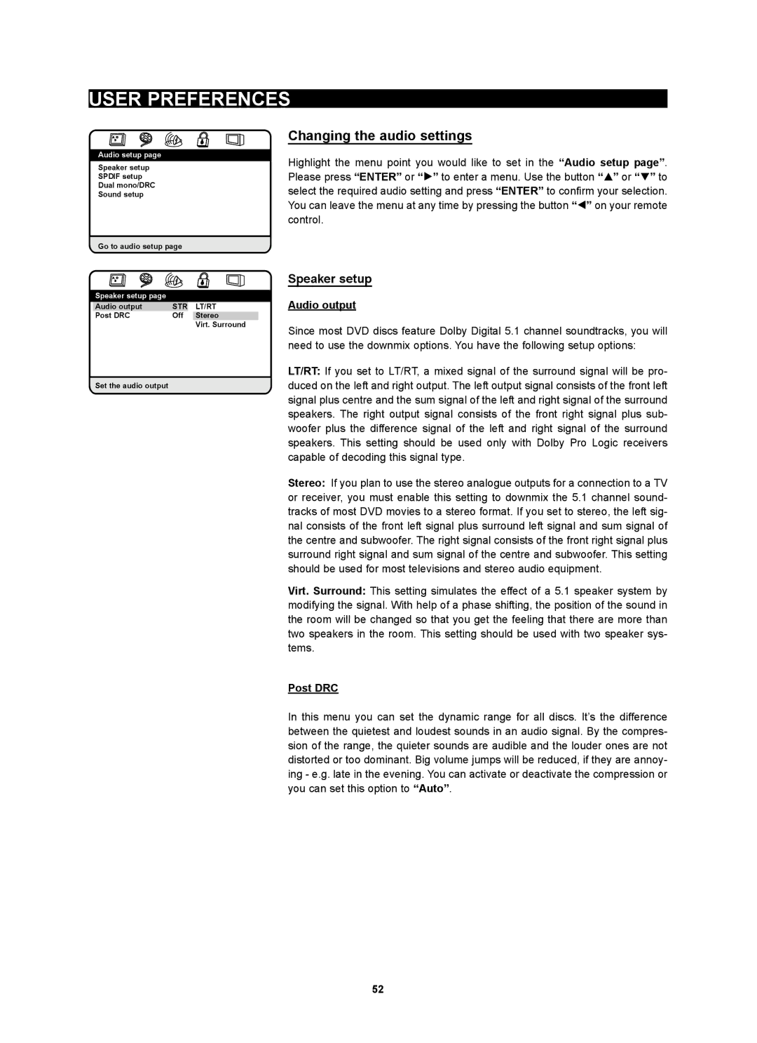 Kodak 4620 user manual Changing the audio settings, Speaker setup, Audio output, Post DRC 