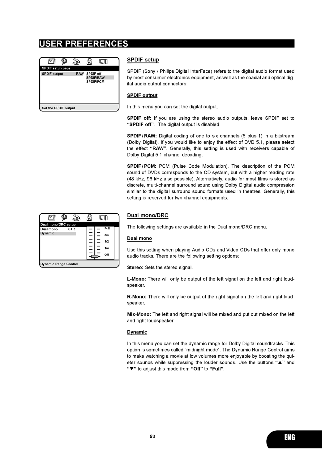 Kodak 4620 user manual Spdif setup, Dual mono/DRC, Spdif output, Dynamic 