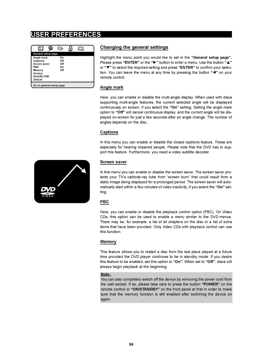 Kodak 4620 user manual Changing the general settings, Angle mark, Captions, Screen saver, Memory 