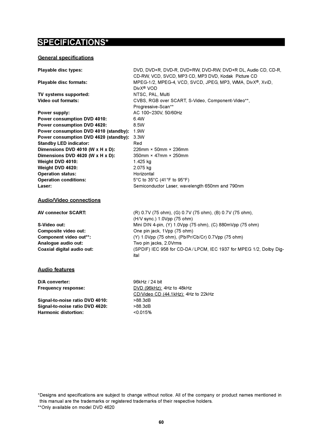 Kodak 4620 user manual Specifications, General specifications, Audio/Video connections, Audio features 