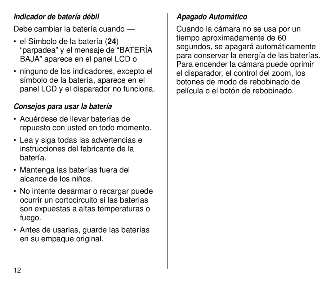 Kodak 4700 ix, 4800IX ZOOM manual Indicador de batería débil, Consejos para usar la batería, Apagado Automático 