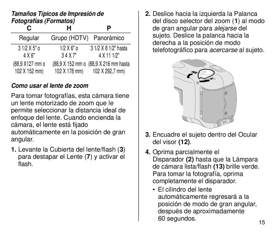 Kodak 4800IX ZOOM, 4700 ix manual Tamaños Típicos de Impresión de Fotografías Formatos, Como usar el lente de zoom 