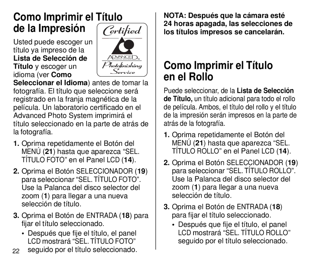 Kodak 4700 ix, 4800IX ZOOM manual Como Imprimir el Título de la Impresión, Como Imprimir el Título en el Rollo 