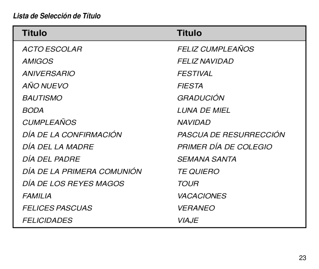 Kodak 4800IX ZOOM, 4700 ix manual Titulo, Lista de Selección de Título 