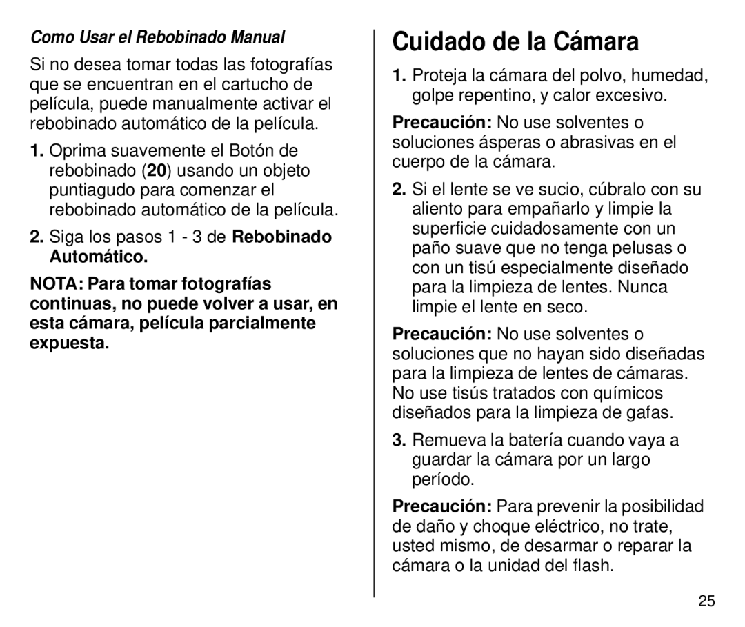 Kodak 4800IX ZOOM, 4700 ix manual Cuidado de la Cámara, Como Usar el Rebobinado Manual 