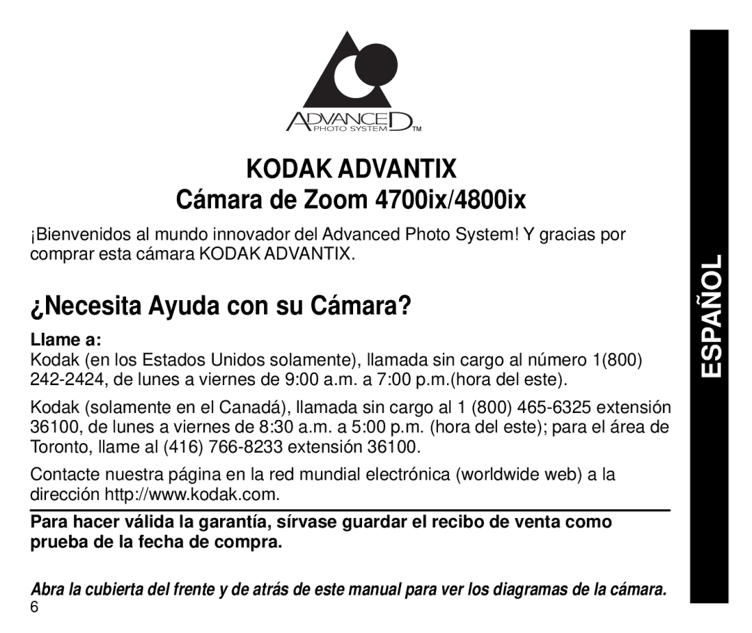 Kodak 4700 ix, 4800IX ZOOM manual Cámara de Zoom 4700ix/4800ix, ¿Necesita Ayuda con su Cámara?, Llame a 