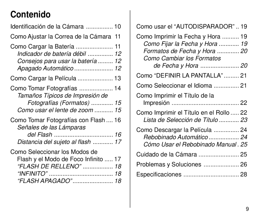 Kodak 4800IX ZOOM, 4700 ix manual Contenido, Flash DE Relleno Infinito Flash Apagado 