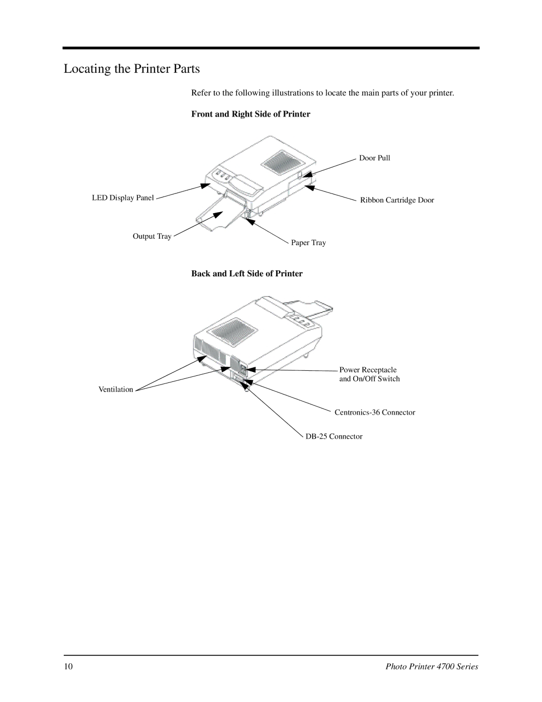 Kodak 4700 manual Locating the Printer Parts, Front and Right Side of Printer, Back and Left Side of Printer 
