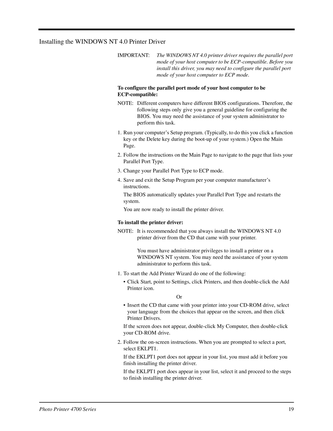 Kodak 4700 manual Installing the Windows NT 4.0 Printer Driver 