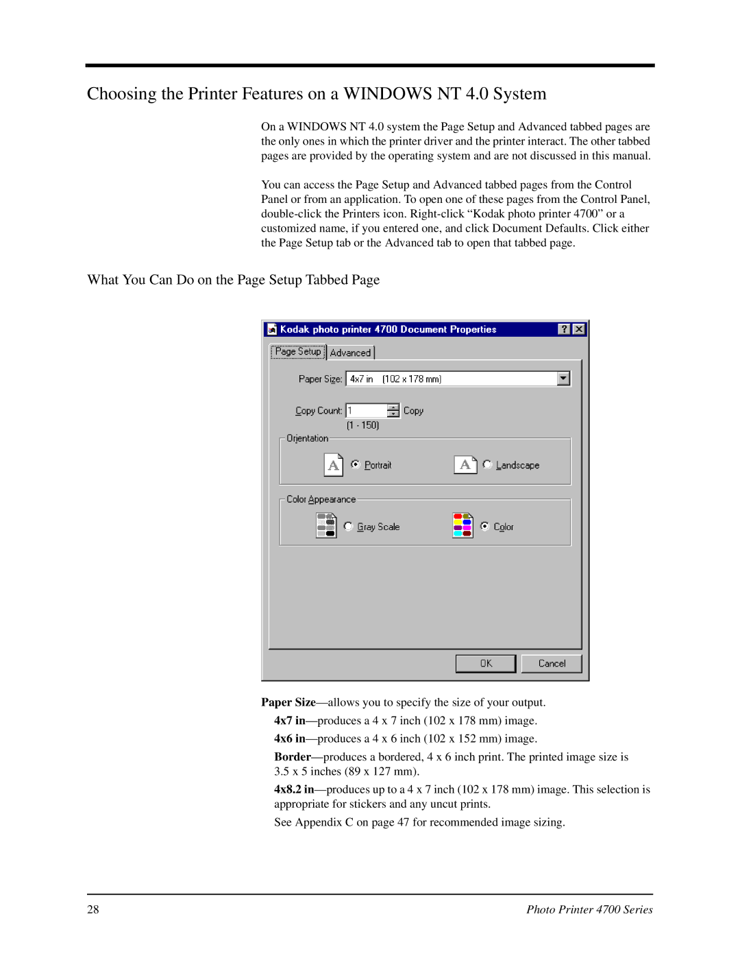 Kodak 4700 manual Choosing the Printer Features on a Windows NT 4.0 System 