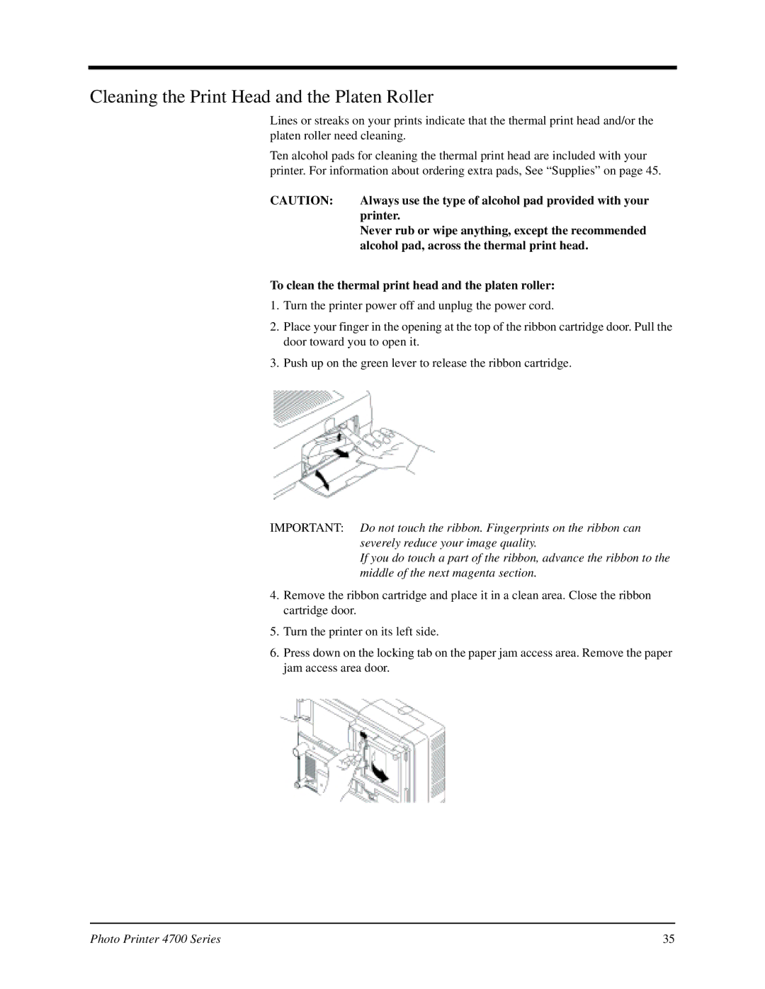 Kodak 4700 manual Cleaning the Print Head and the Platen Roller 