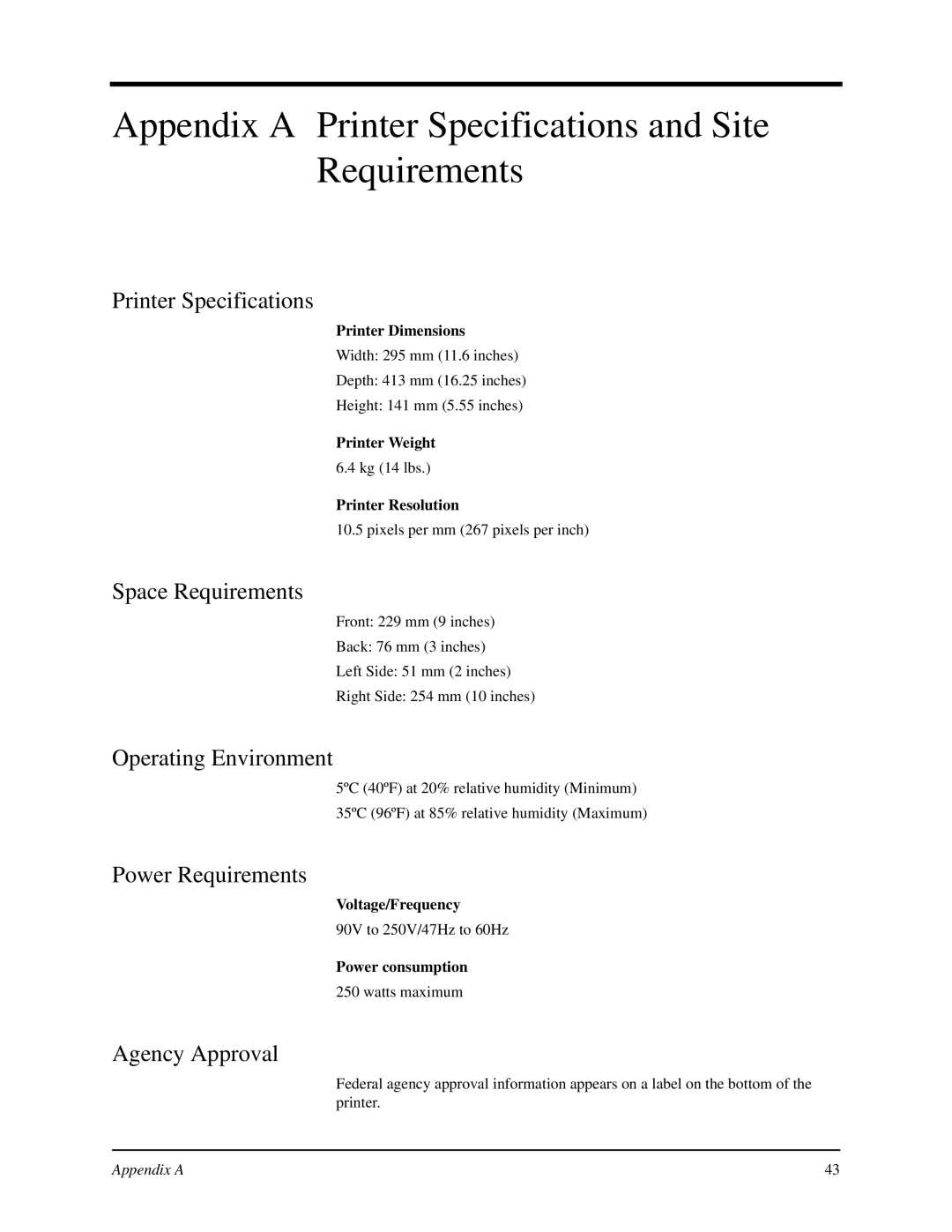 Kodak 4700 manual Appendix a Printer Specifications and Site Requirements 