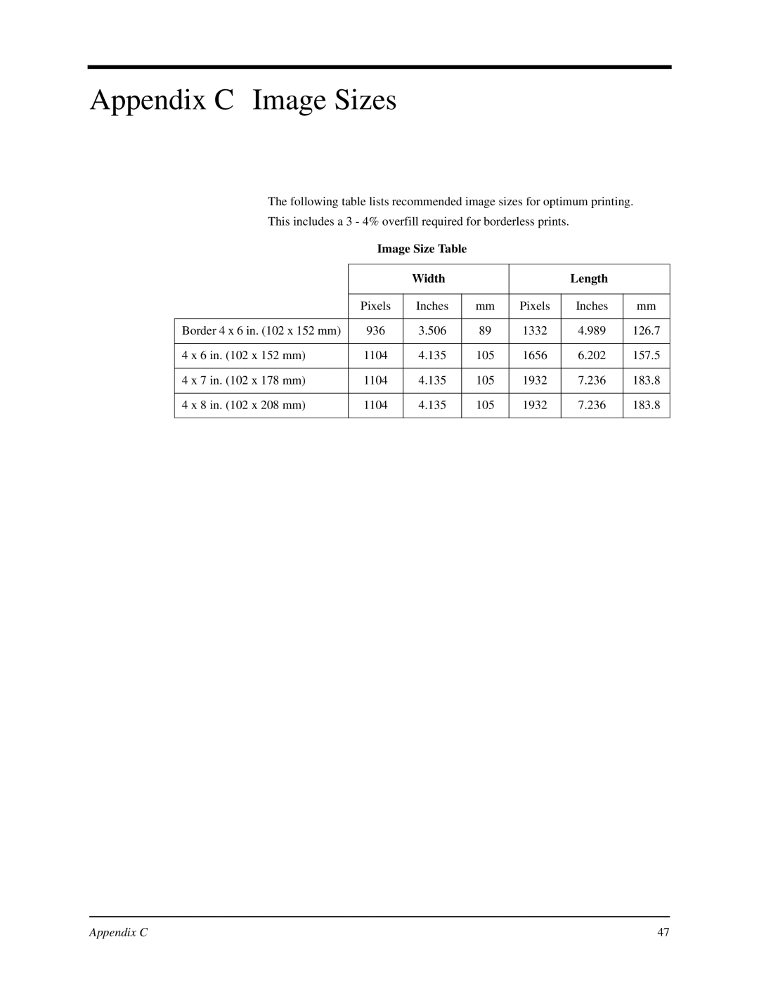 Kodak 4700 manual Appendix C Image Sizes, Image Size Table Width Length 