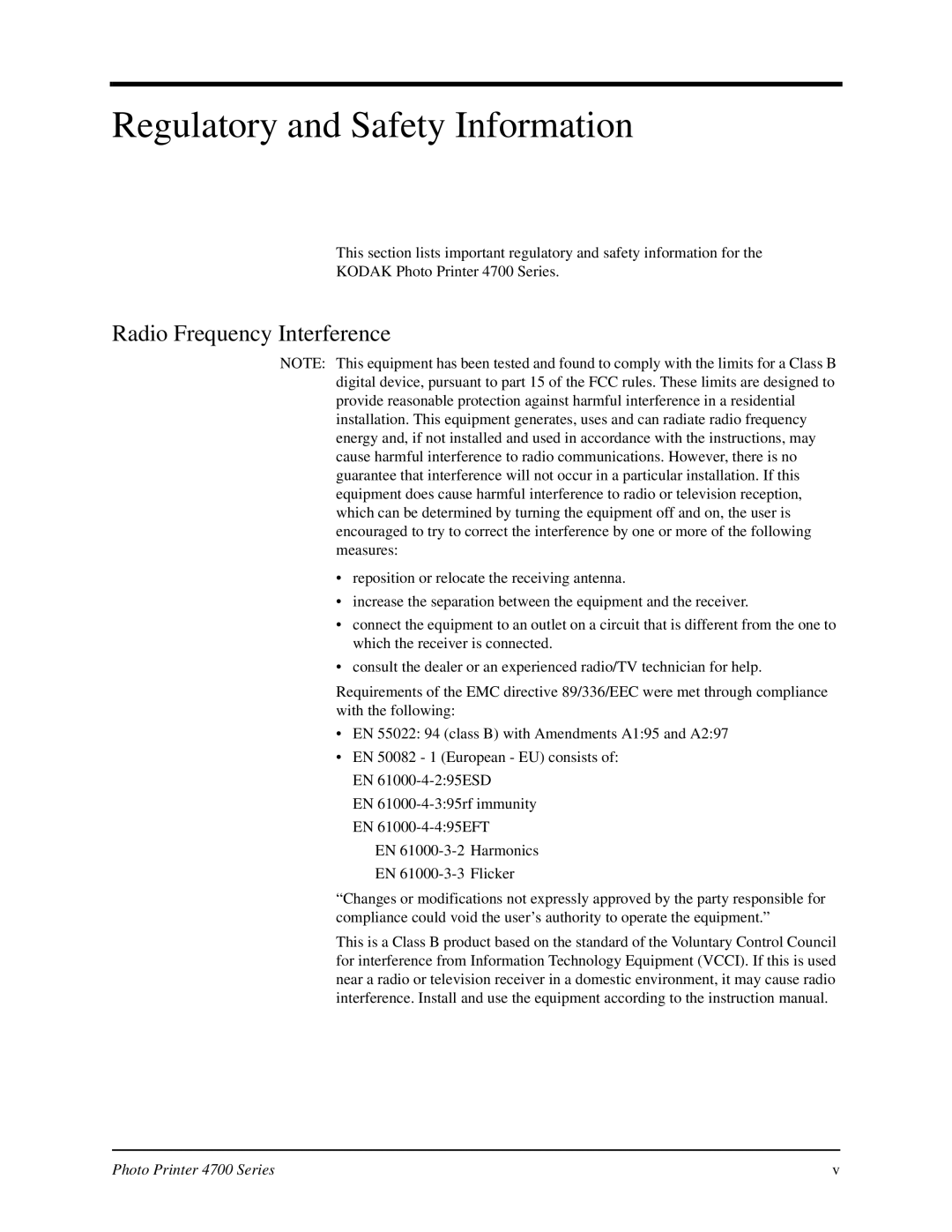 Kodak 4700 manual Regulatory and Safety Information, Radio Frequency Interference 