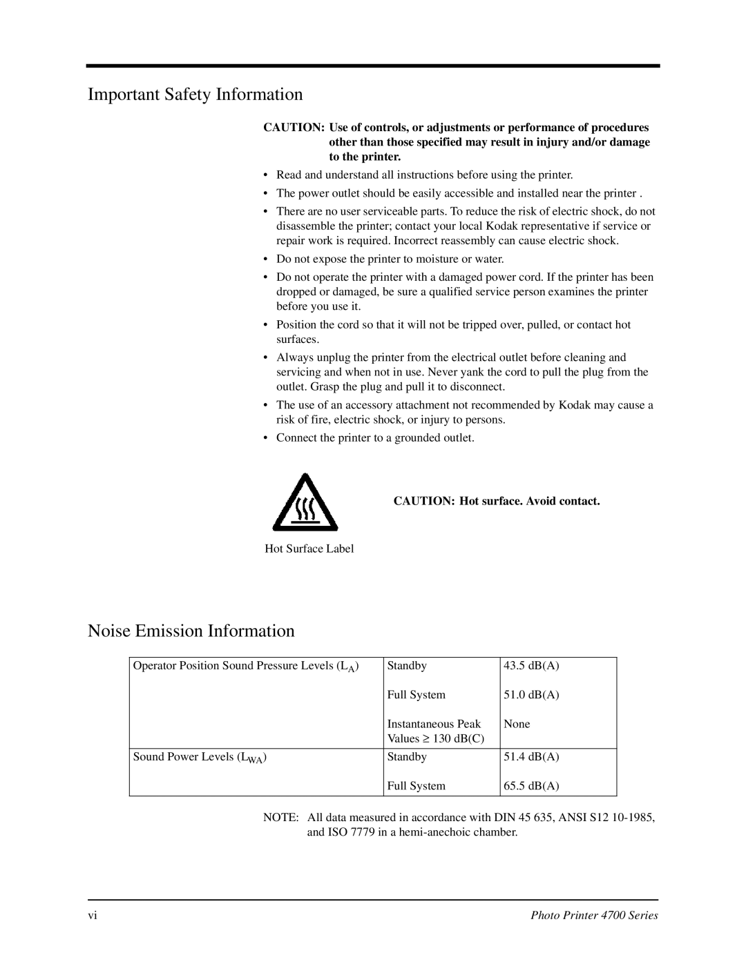 Kodak 4700 manual Important Safety Information, Noise Emission Information 