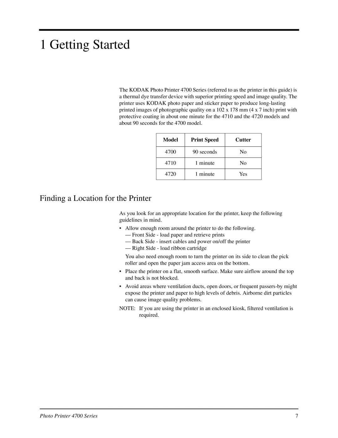 Kodak 4700 manual Getting Started, Finding a Location for the Printer, Model Print Speed Cutter 