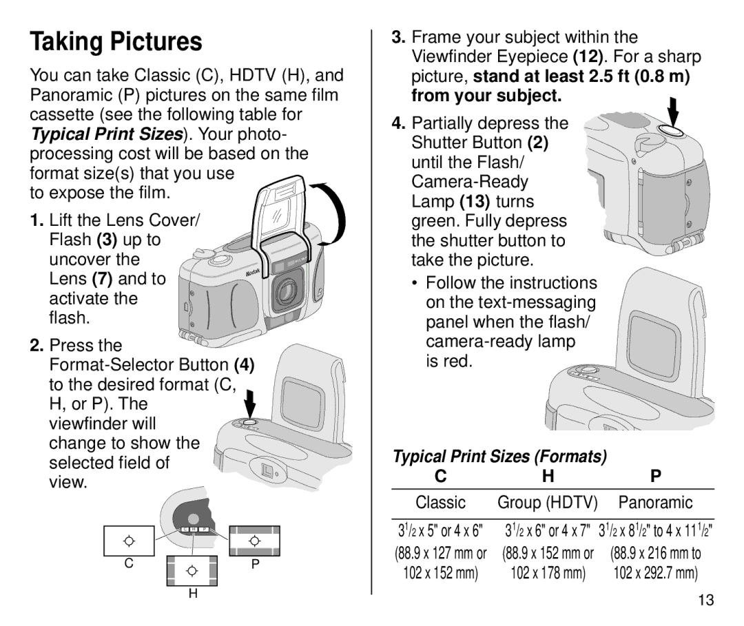 Kodak 4800ix, 4700ix manual Taking Pictures, Typical Print Sizes Formats 