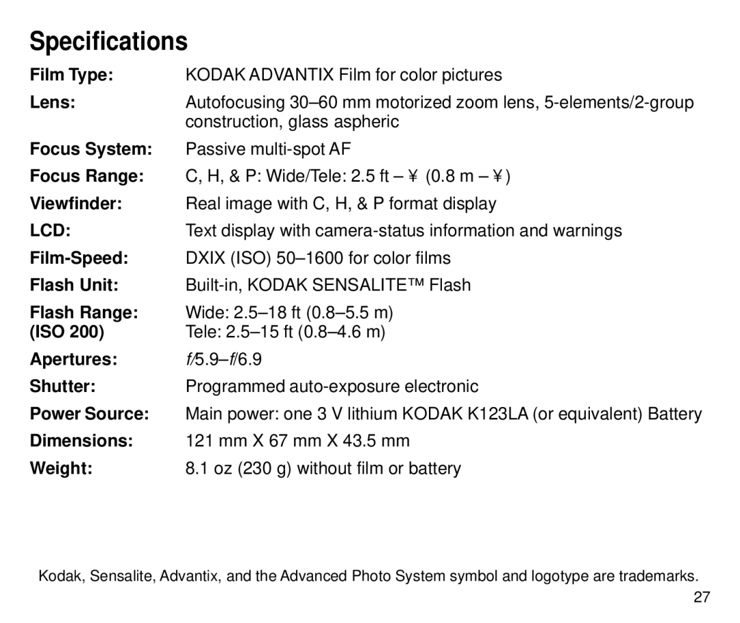 Kodak 4800ix, 4700ix manual Specifications 