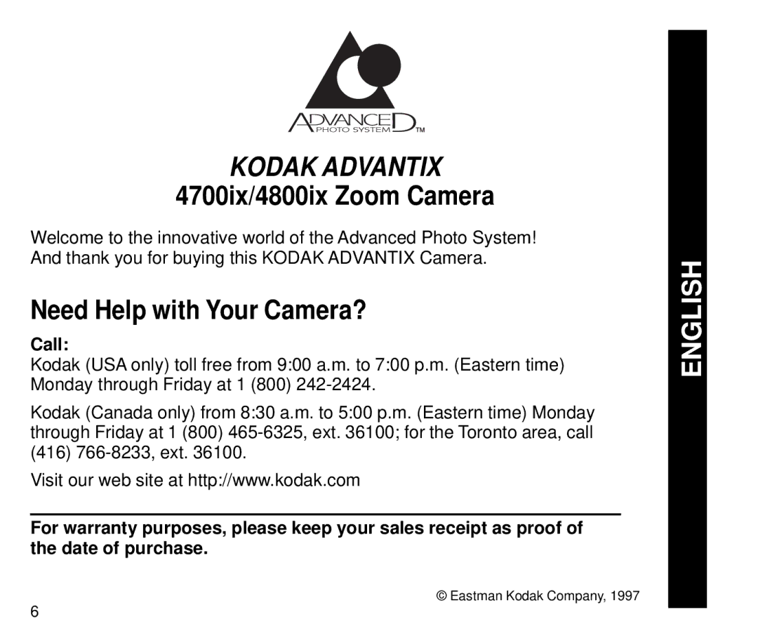 Kodak manual 4700ix/4800ix Zoom Camera, Need Help with Your Camera?, Call 