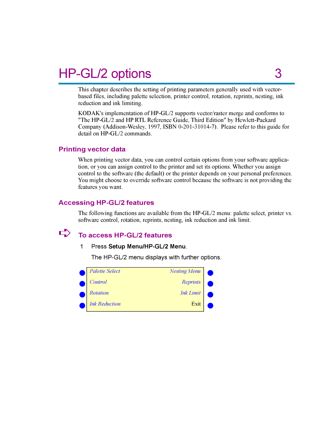 Kodak 4800 manual HP-GL/2 options, Printing vector data, Accessing HP-GL/2 features, To access HP-GL/2 features 