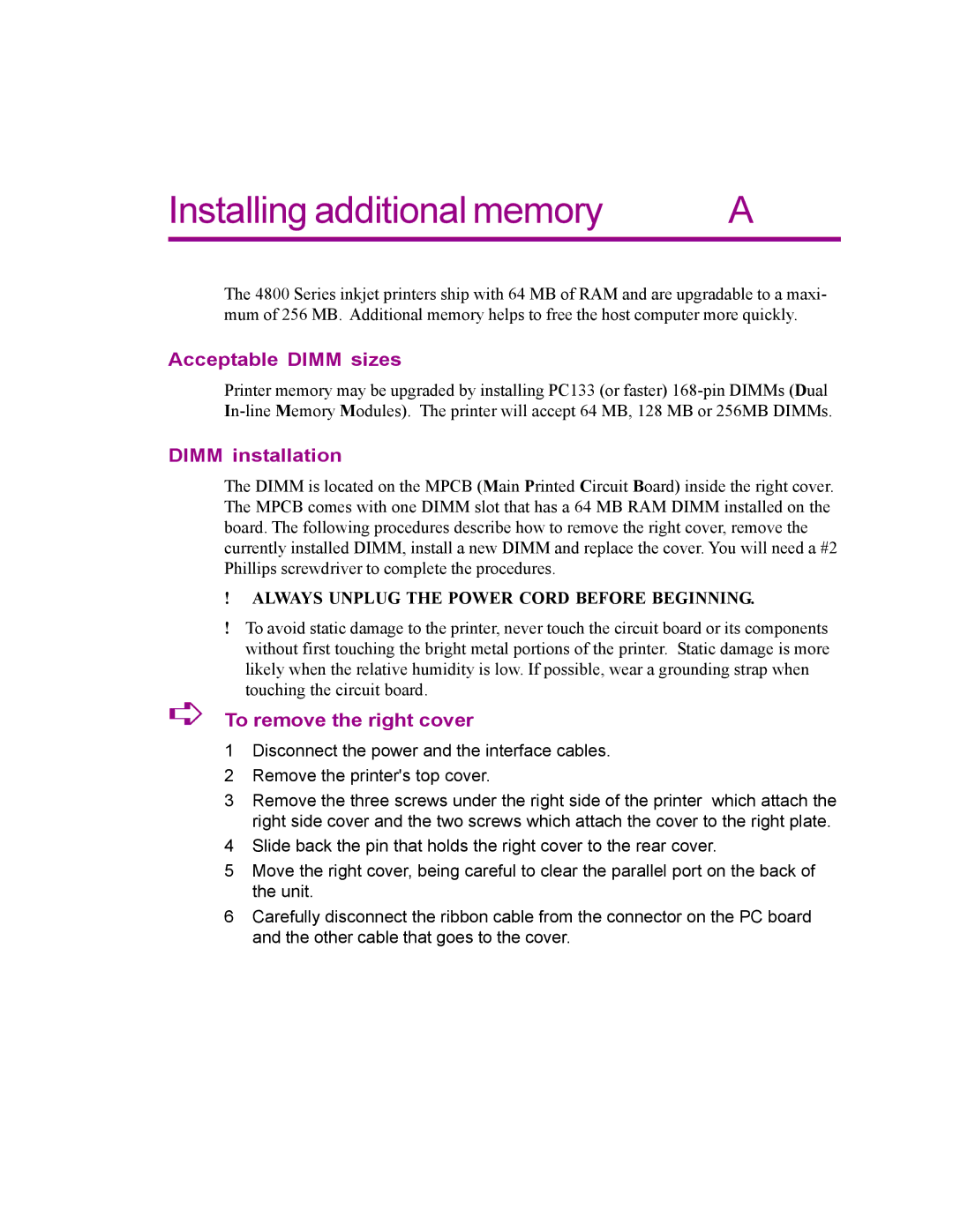 Kodak 4800 manual Installing additional memory, Acceptable Dimm sizes, Dimm installation, To remove the right cover 