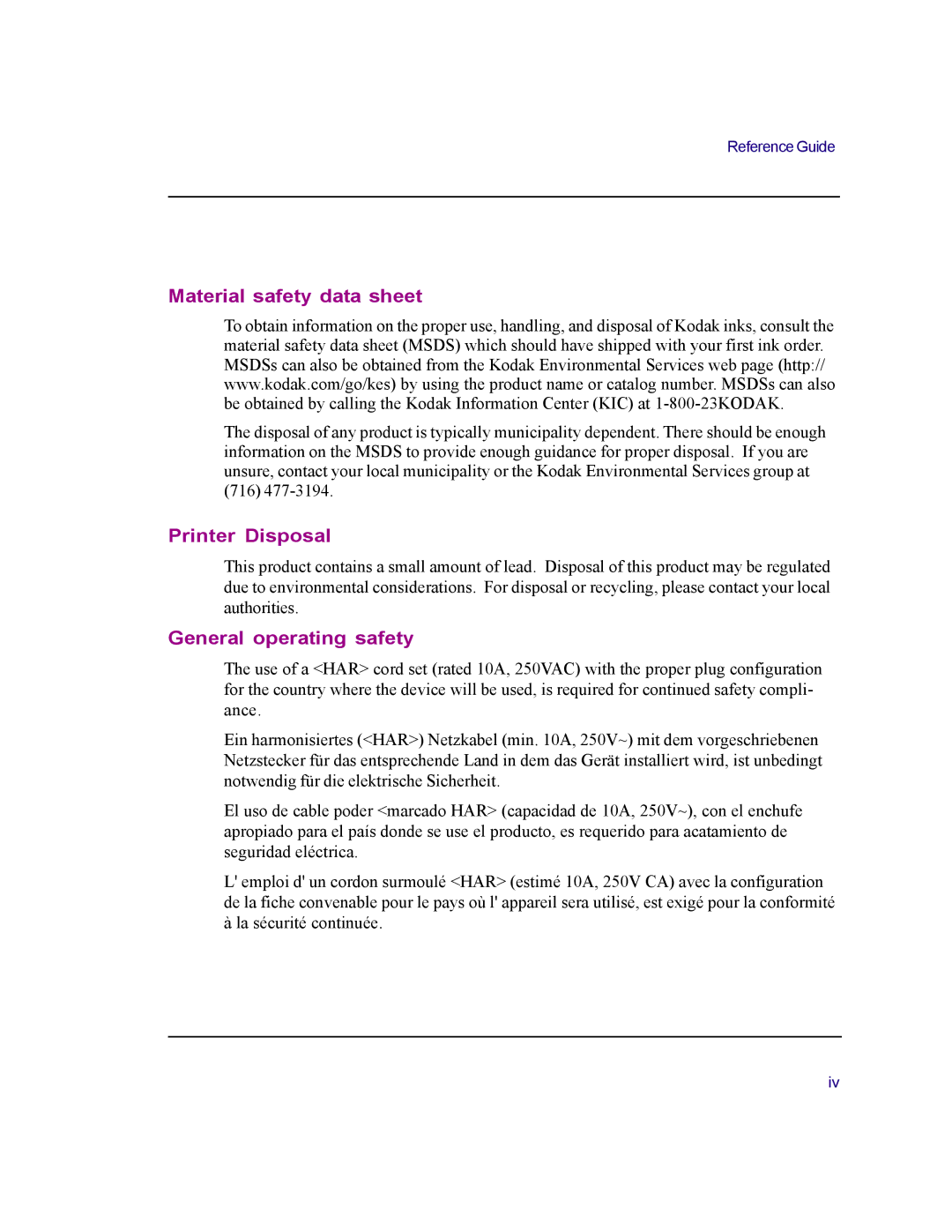 Kodak 4800 manual Material safety data sheet, Printer Disposal, General operating safety 