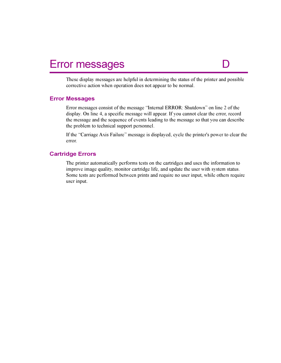 Kodak 4800 manual Error messages, Error Messages, Cartridge Errors 