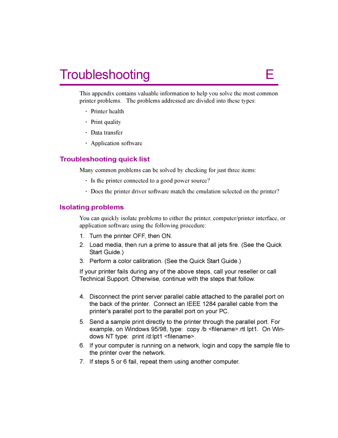 Kodak 4800 manual TroubleshootingE, Troubleshooting quick list, Isolating problems 