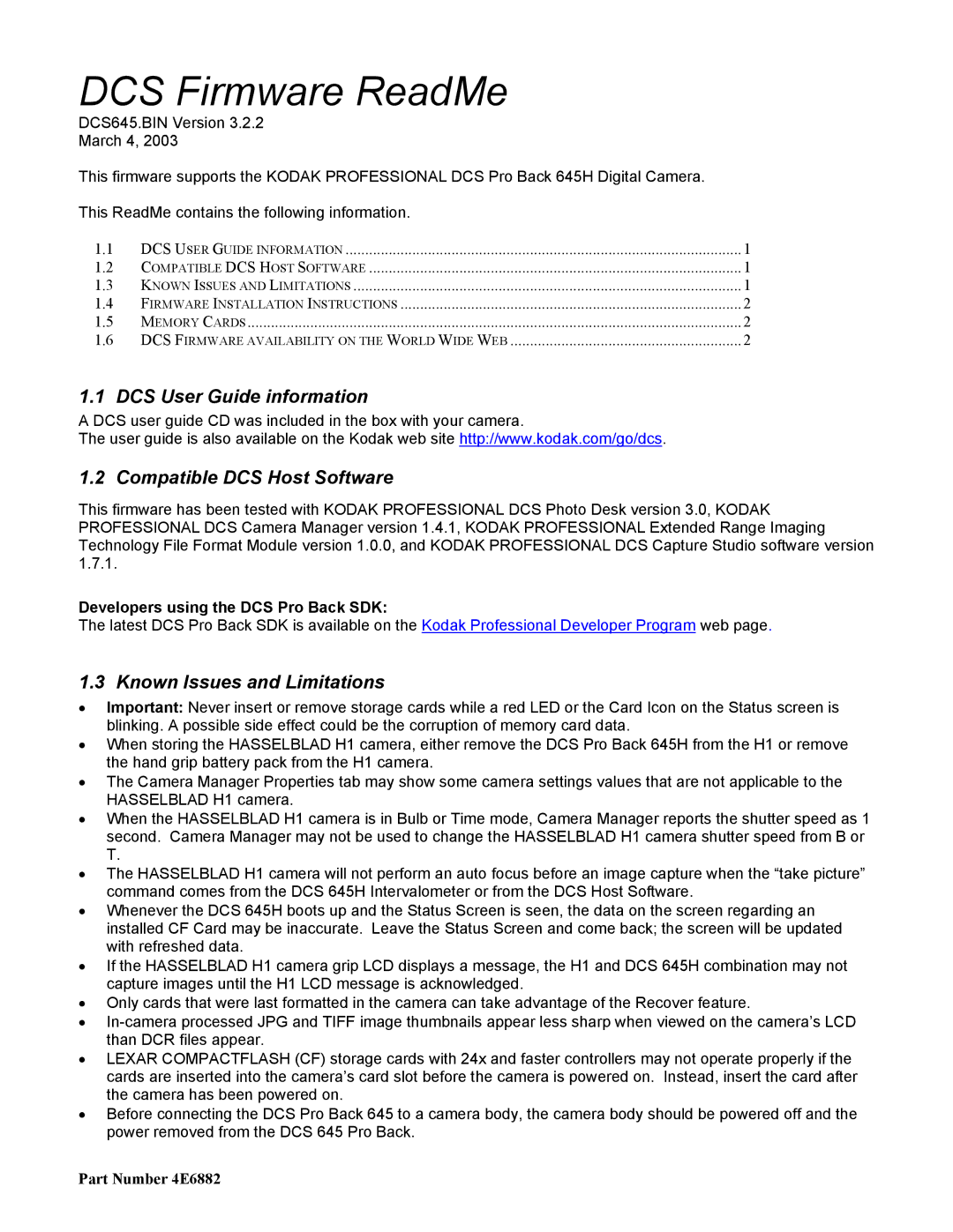 Kodak 4E6882 installation instructions DCS Firmware ReadMe, DCS User Guide information, Compatible DCS Host Software 