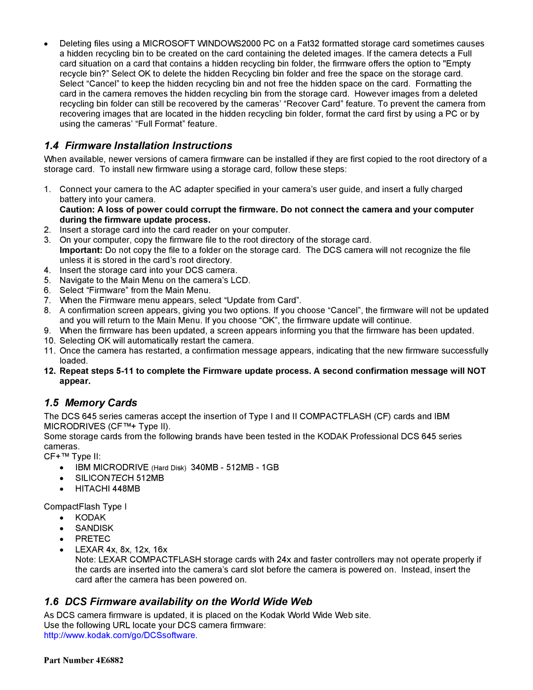 Kodak 4E6882 Firmware Installation Instructions, Memory Cards, DCS Firmware availability on the World Wide Web 