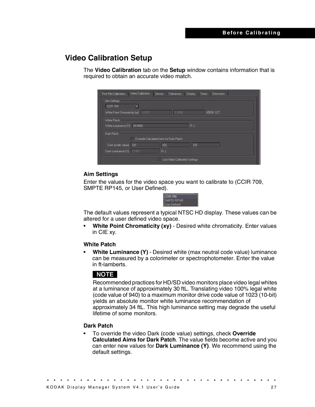 Kodak 4F3882 manual Video Calibration Setup, Aim Settings, White Patch, Dark Patch 