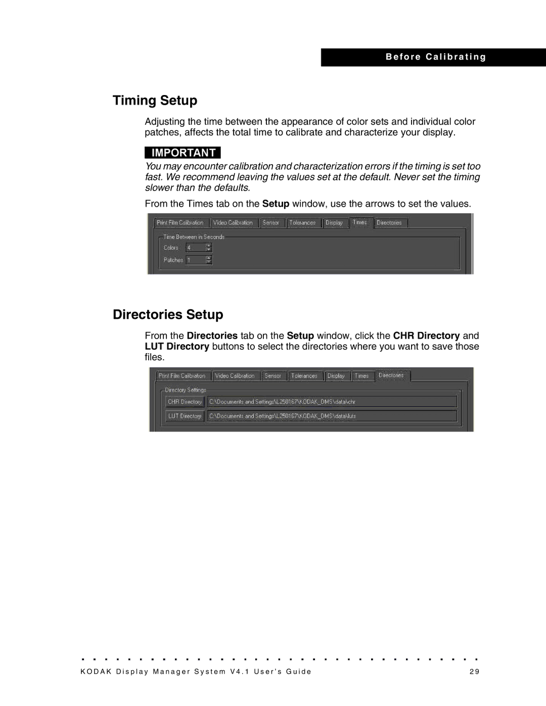 Kodak 4F3882 manual Timing Setup, Directories Setup 