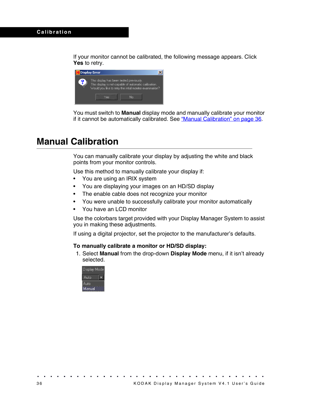 Kodak 4F3882 Manual Calibration, To manually calibrate a monitor or HD/SD display 