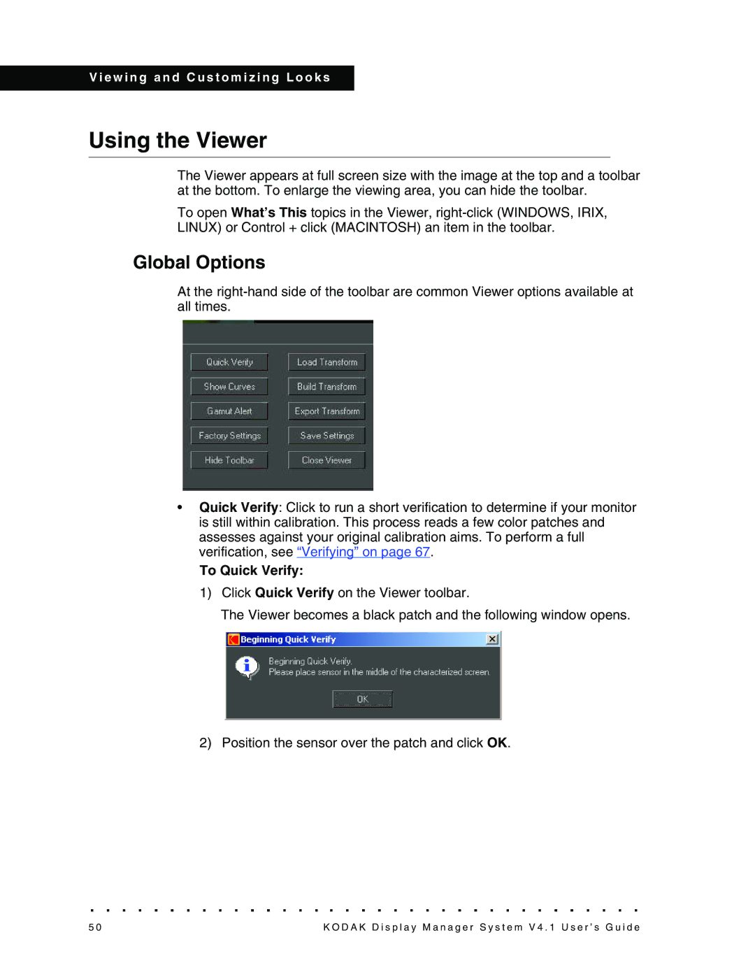 Kodak 4F3882 manual Using the Viewer, Global Options, To Quick Verify 