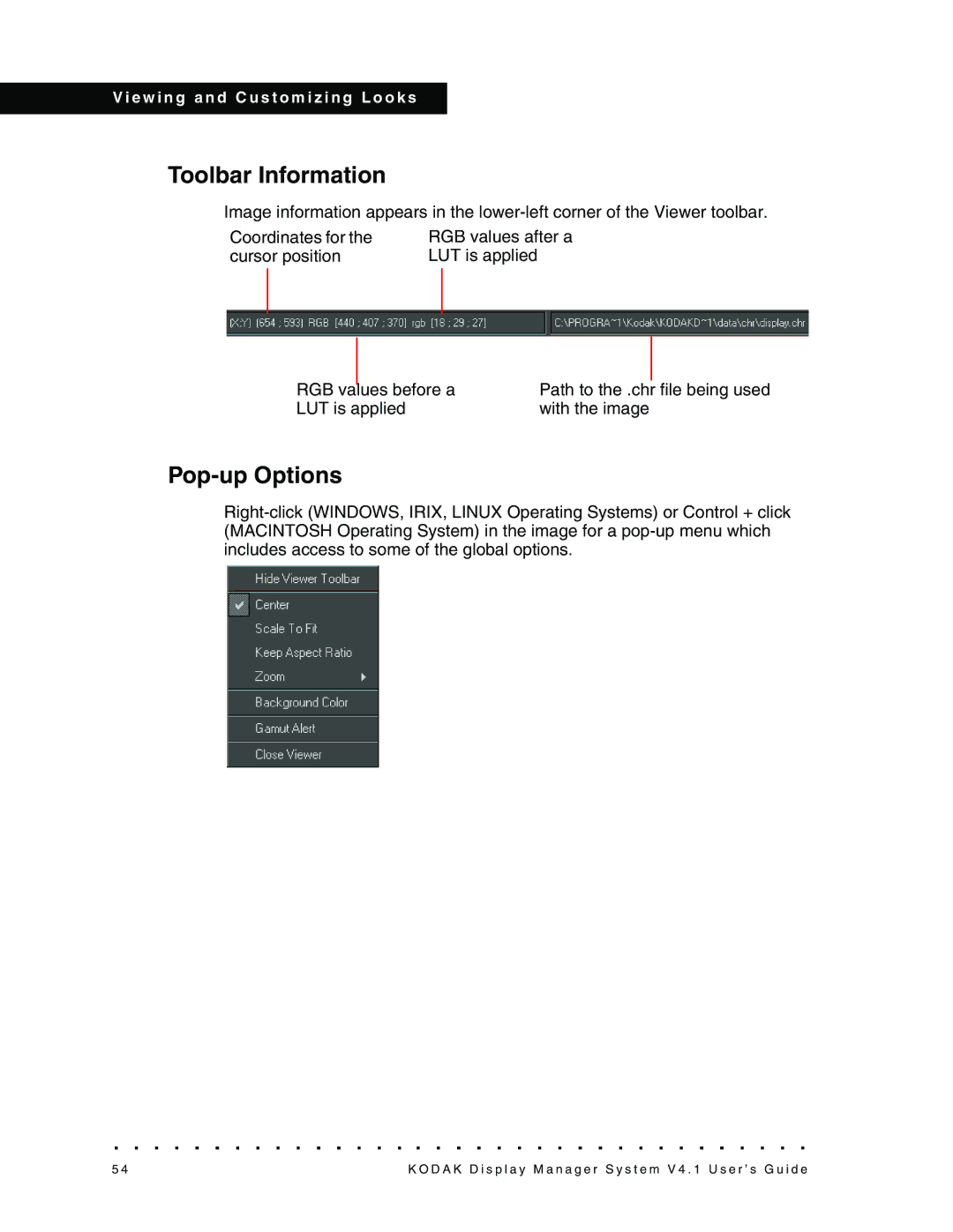 Kodak 4F3882 manual Toolbar Information, Pop-up Options 