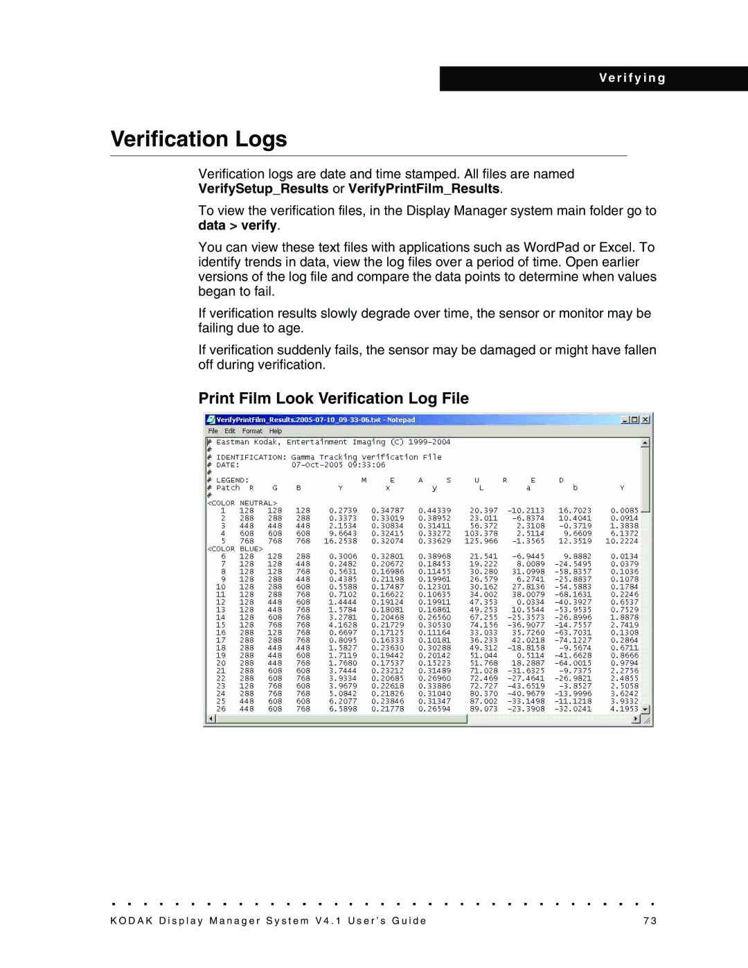 Kodak 4F3882 manual Verification Logs, VerifySetupResults or VerifyPrintFilmResults 