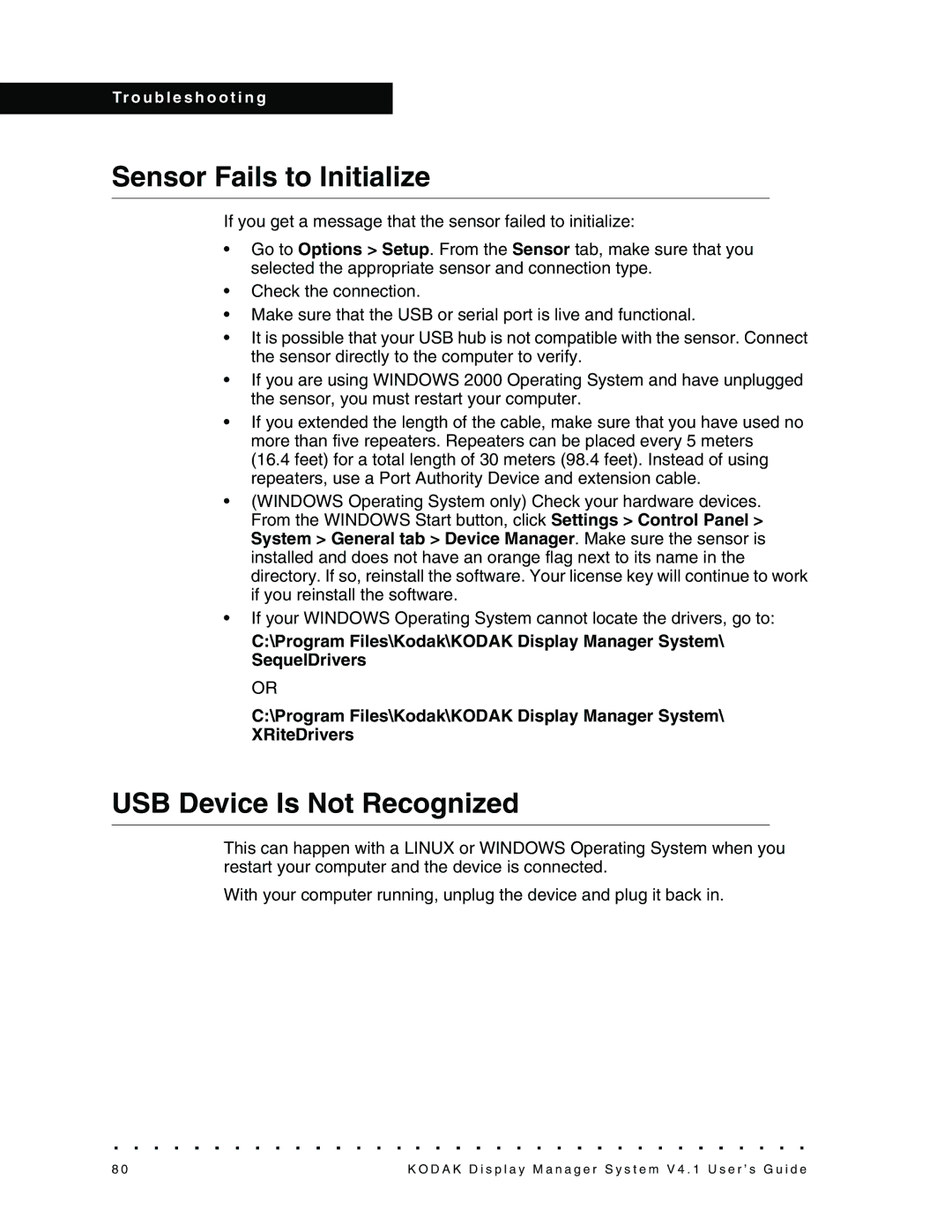 Kodak 4F3882 manual Sensor Fails to Initialize, USB Device Is Not Recognized 