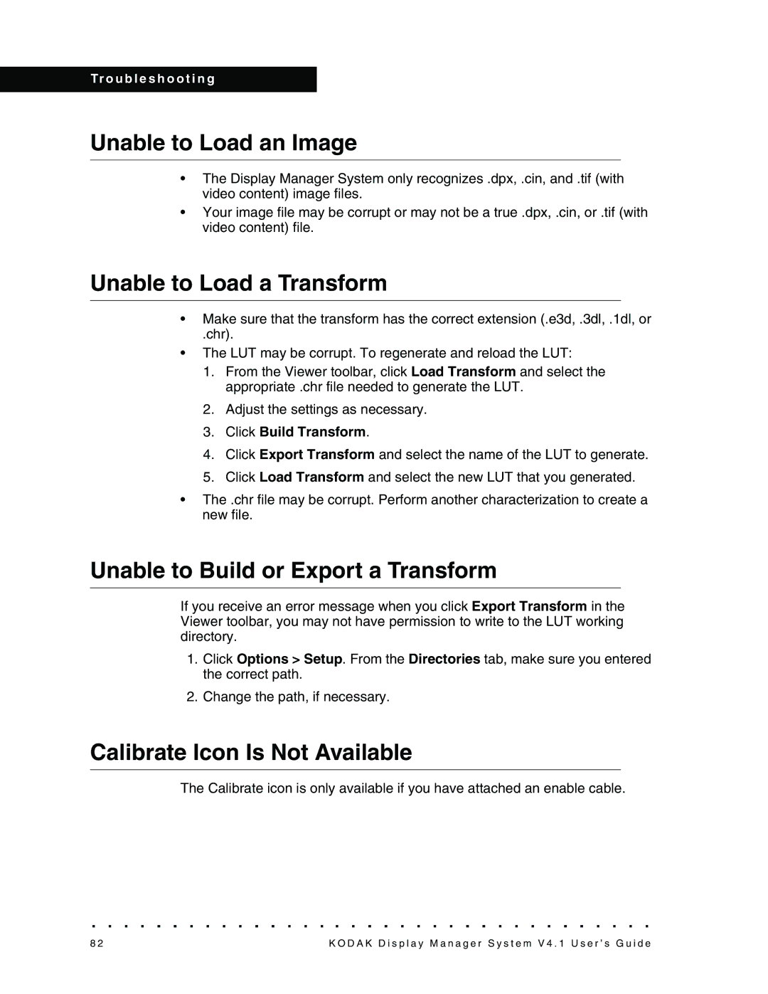 Kodak 4F3882 manual Unable to Load an Image, Unable to Load a Transform, Unable to Build or Export a Transform 