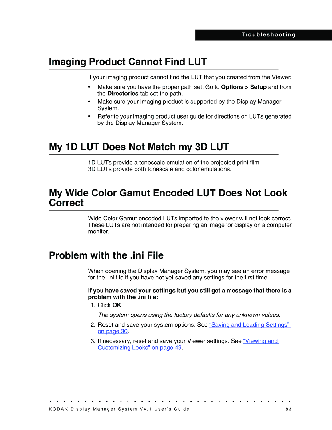 Kodak 4F3882 manual Imaging Product Cannot Find LUT, My 1D LUT Does Not Match my 3D LUT, Problem with the .ini File 