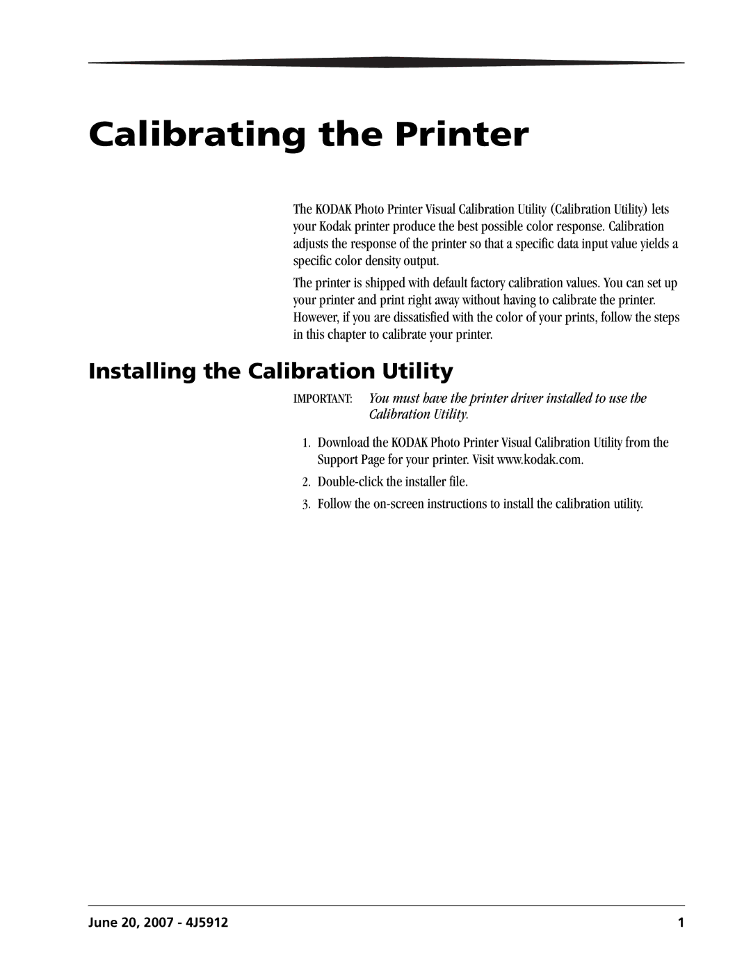 Kodak 4J5912 user manual Calibrating the Printer, Installing the Calibration Utility 