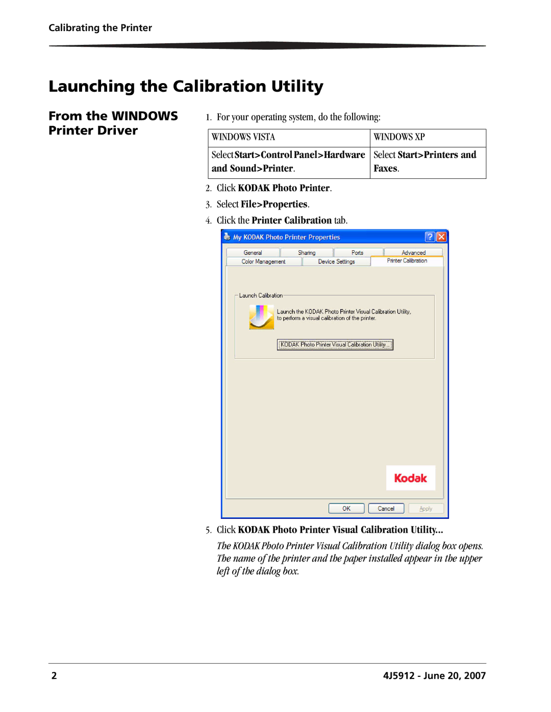 Kodak 4J5912 user manual Launching the Calibration Utility, From the Windows Printer Driver 