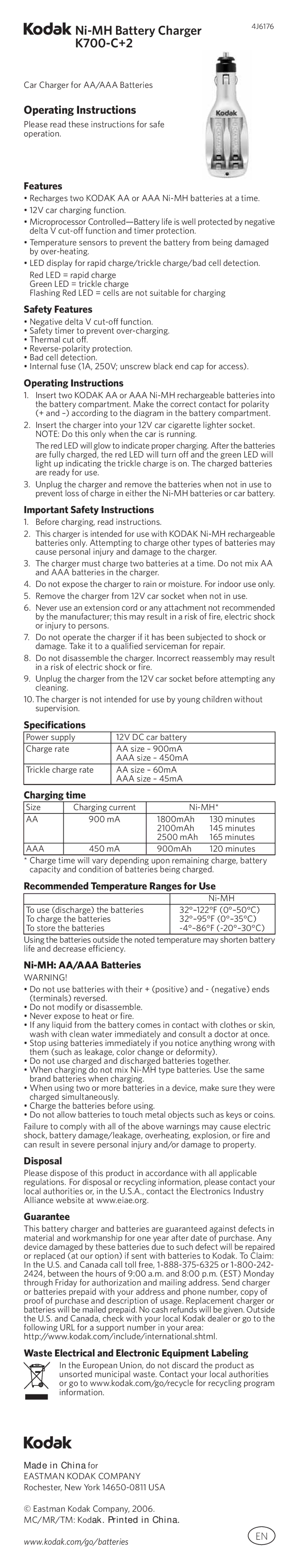 Kodak 4J6176 operating instructions Safety Features, Operating Instructions, Important Safety Instructions 